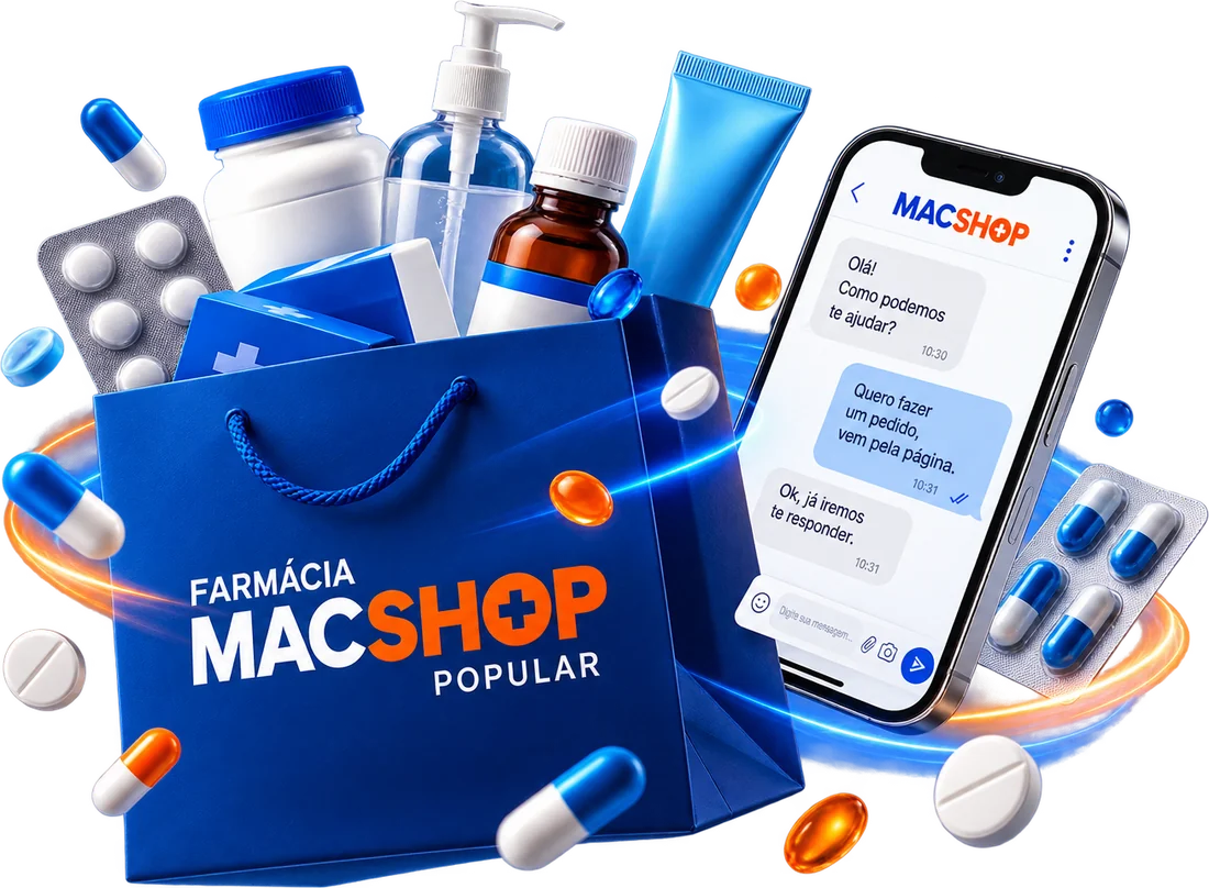Sacola Farmácia Mac Shop Popular com medicamentos, produtos de higiene e o WhatsApp de atendimento